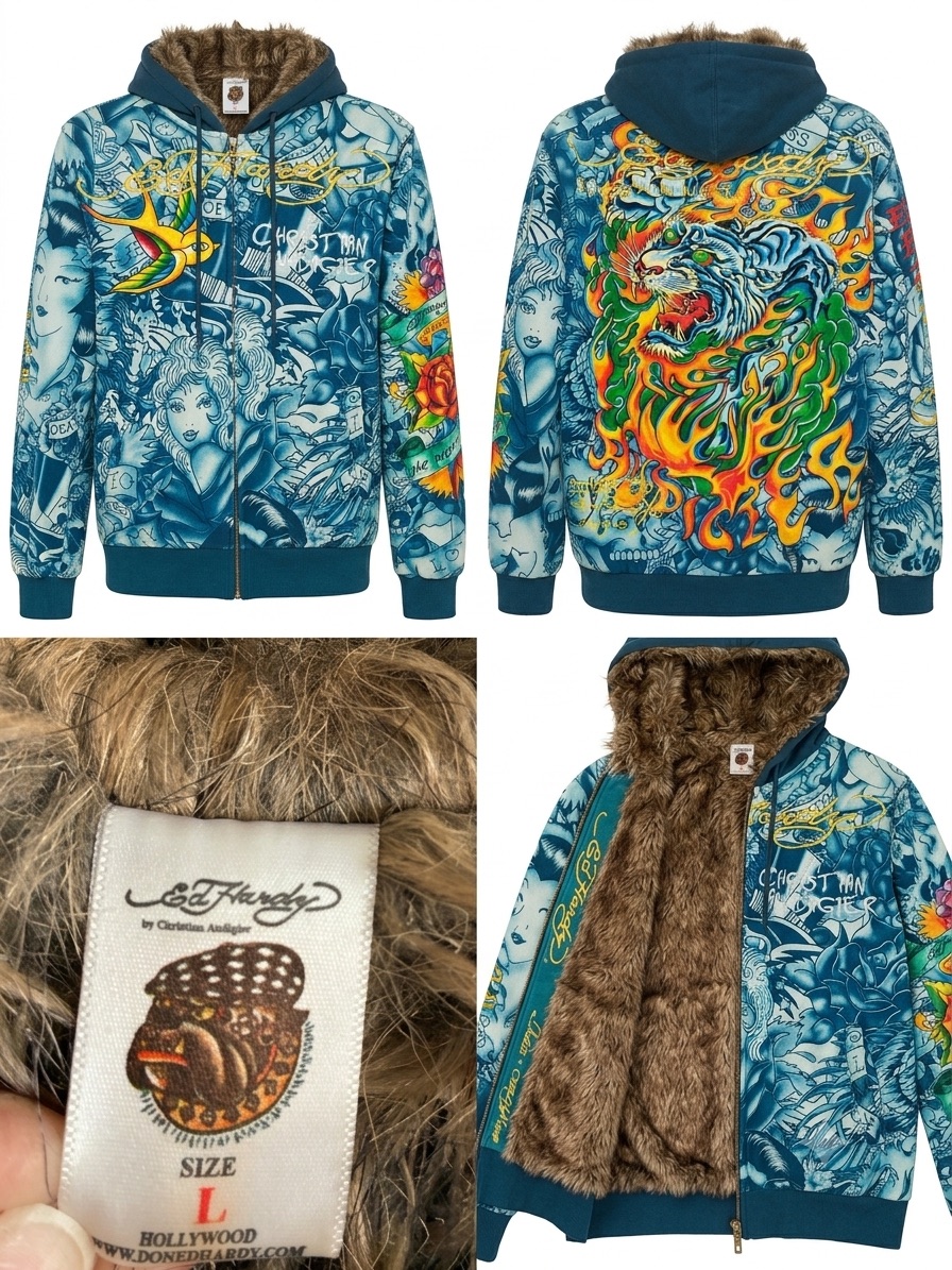 Ed Hardy By Christian Audigier Faux Fur Lined Geisha Tattoo Zip Hoodiejacket Y2k
